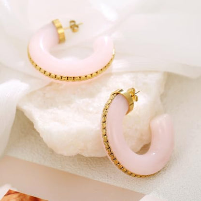 Gold Plated Resin Chunky Hoop Earrings Hypoallergenic Push Back Hoops for Sensitive Ears - color: Pale Pink
