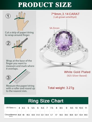 2-3 Carat Oval Engagement Ring 925 Silver Celtic Knot Birthstone Rings for Women Hypoallergenic Amehtyst/Aquamarine/Emerald/Ruby/Sapphire Cocktail Rings Jewelry Size 6-10 - color: B. Amethyst