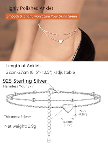 PROSILVER 925 Sterling Silver Ankle Bracelets For Women, Stylish Chain Anklets, Summer Beach Jewelry, 8.6-10.6 Inch Adjustable, Come with Box - style: 01-Heart Anklet-Layered