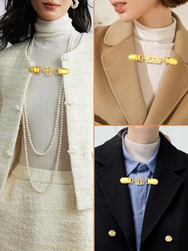 Custom4U Personalized Sweater Clips for Cardigans, Custom Name Initials Cinch Clip, Stainless Steel Dress Clips Back Cinch Shirt Clips for Women Clothing, Shawl Dress Shirts Cincher Small Brooch Jewelry Gifts - color: Gold Color-Monogram