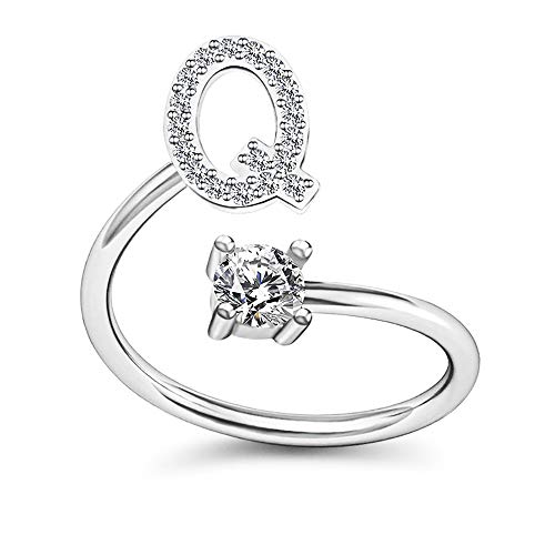 FUTIMELY Initial Letter Ring Alphabet Ring A-Z Silver Crystal Open Adjustable Personalized Initial Ring for Women - style: Q