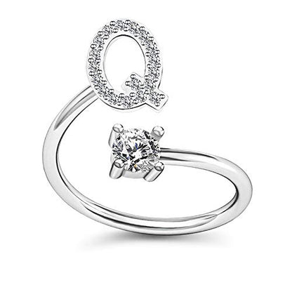 FUTIMELY Initial Letter Ring Alphabet Ring A-Z Silver Crystal Open Adjustable Personalized Initial Ring for Women - style: Q