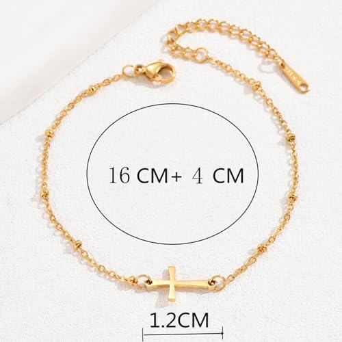 NONAMOIS Ankle Bracelets for Women Dainty 18K Gold Plated Anklet Waterproof Round Beaded Paperclip Herringbone Pearl Chain Anklets Waterproof Beach Foot Jewelry - color: Satellite Cross-Gold