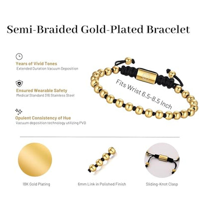 18K Gold-Plated Bracelets for Men Franco Link Chain Adjustable | Stainless Steel Bracelet, Gold Beads Bracelet, Handcrafted Braided, Mens Jewelry Birthday Gift for Men - color: Black with Gold Card Son