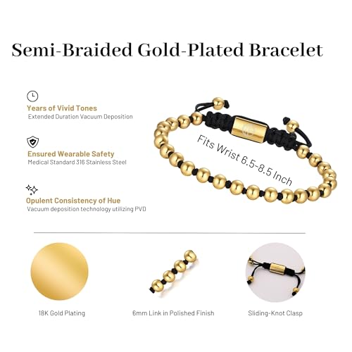 18K Gold-Plated Bracelets for Men Franco Link Chain Adjustable | Stainless Steel Bracelet, Gold Beads Bracelet, Handcrafted Braided, Mens Jewelry Birthday Gift for Men - color: Black with Gold