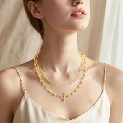 Layered Necklaces for Women 14k Gold Plated Chain Necklace Trendy Dainty Toggle Clasp Chunky Cuban Link Paperclip Chain Jewelry Gift - style: Style 5：Paperclip+Chunky Chain