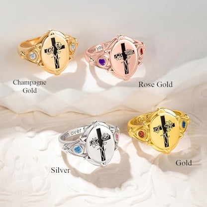 callie Custom Signet Ring - Engraved Text & Photo, Personalized Family Crest Coat Of Arms Rings, 925 Sterling Silver/Brass | Father's Day Jewelry Gifts for Men & Women - color: Cross-1