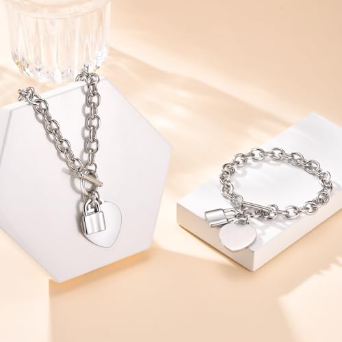 VNOX Personalized Initial Name Stainless Steel Trendy Cable Chain Bracelet Neckalce Set with Padlock Heart Charm and Toggle Clasp Closure - color: Silver Necklace+Bracelet