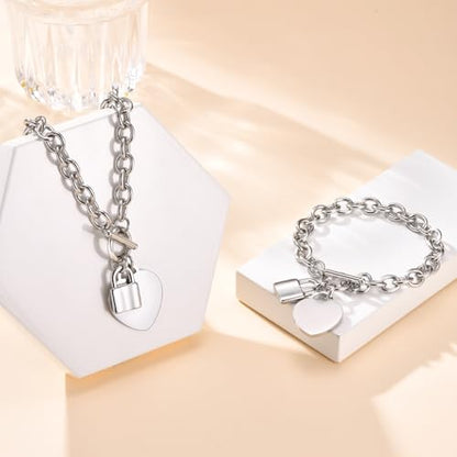 VNOX Personalized Initial Name Stainless Steel Trendy Cable Chain Bracelet Neckalce Set with Padlock Heart Charm and Toggle Clasp Closure - color: Silver Necklace+Bracelet