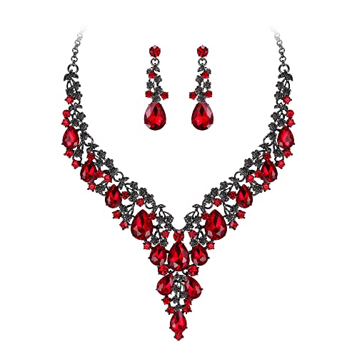 BriLove Women's Wedding Bridal Austrian Crystal Teardrop Flower Cluster Statement Necklace Dangle Earrings Jewelry Set for Party Prom - color: 2Pcs-Ruby Color Black-Tone