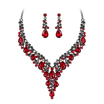 BriLove Women's Wedding Bridal Austrian Crystal Teardrop Flower Cluster Statement Necklace Dangle Earrings Jewelry Set for Party Prom - color: 2Pcs-Ruby Color Black-Tone