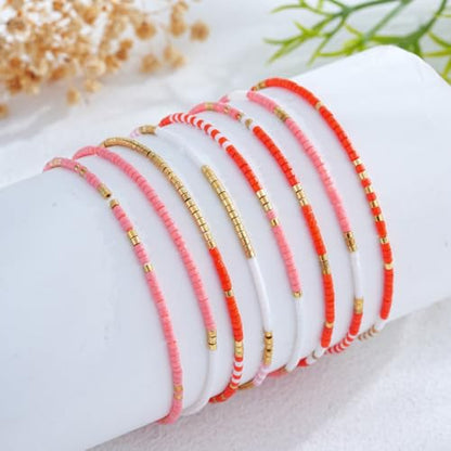 Gold Seed Beaded Stack Bracelets for Women,Handmade Stackable Stretch Colorful Ball Fall Jewelry Friendship Accessories Gift - color: pink