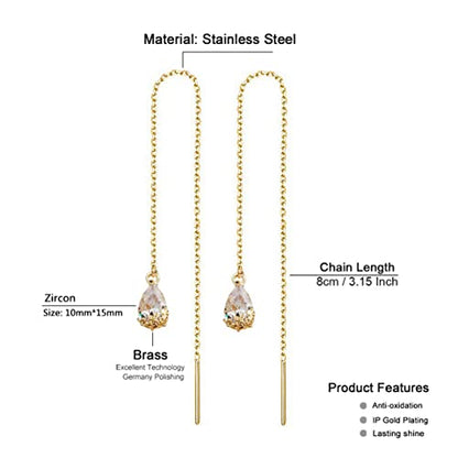 WANGGAO Stainless Steel Water Drop Long Chain Earrings for Women Linear Crystal Threader Earrings Jewelry - color: White