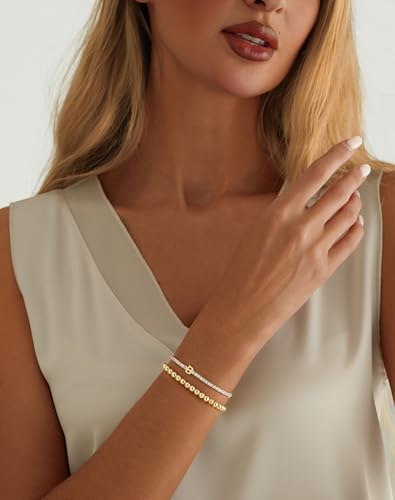 14K Gold Plated Bracelets for Women Dainty Tennis Initial Bracelet Trendy Beaded Stackable Charm Bracelets Layered Waterproof Bracelet Dainty Bracelet for Women Jewelry Gifts - style: B
