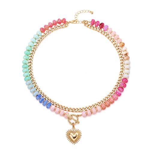 Colorful Beaded Necklace For Women, Boho Double Layered Chunky Gold Cuban Chain Rainbow Beads Heart Pendant Y2K Statement Choker Summer Beach Jewelry Gift - color: Layered-colorful