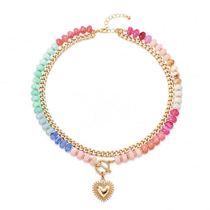 Colorful Beaded Necklace For Women, Boho Double Layered Chunky Gold Cuban Chain Rainbow Beads Heart Pendant Y2K Statement Choker Summer Beach Jewelry Gift - color: Layered-colorful