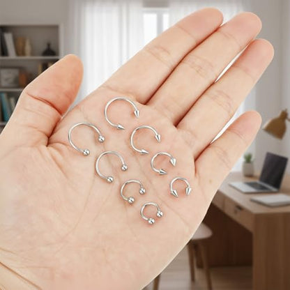 Telooco 8 Pcs 16G Septum Rings Surgical Steel Horseshoe Nose Ring Hoop Eyebrow Lip Navel Piercing Ring Earrings Septum Piercing Jewelry for Women Men 6/8/10/12mm (Black) - color: Silver