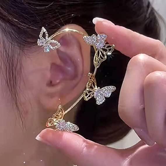 BETHYNAS Glitter Rhinestone Butterfly Flower Ear Cuff Sparkly Non-Pierced Crystal Tassel Fake Earrings Climber Lady Ear Wrap Bridal Party Ear Jewelry for Women and Girls - color: Gold Hollow Butterfly