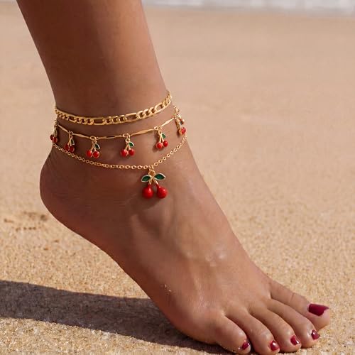 Fesciory Gold Plated Ankle Bracelets for Women, Adjustable Layered Flower Cherry Charm Anklets, Summer Hawaiian Beach Foot Jewelry Gifts - color: Cherry
