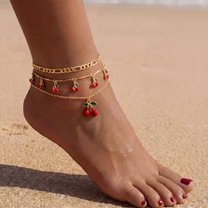 Fesciory Gold Plated Ankle Bracelets for Women, Adjustable Layered Flower Cherry Charm Anklets, Summer Hawaiian Beach Foot Jewelry Gifts - color: Cherry
