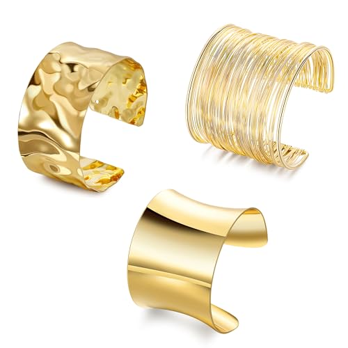 3PCS Chunky Cuff Bracelets for Women Irregular Minimalist Statement Bangle Bracelets Set Open Wide Wire Grooved Hammered Bangle Bracelet Gold Sliver Wrist Cuff Wrap Bracelet Adjustable - color: Gold Cuff Bracelets A