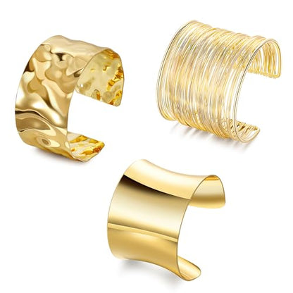 3PCS Chunky Cuff Bracelets for Women Irregular Minimalist Statement Bangle Bracelets Set Open Wide Wire Grooved Hammered Bangle Bracelet Gold Sliver Wrist Cuff Wrap Bracelet Adjustable - color: Gold Cuff Bracelets A