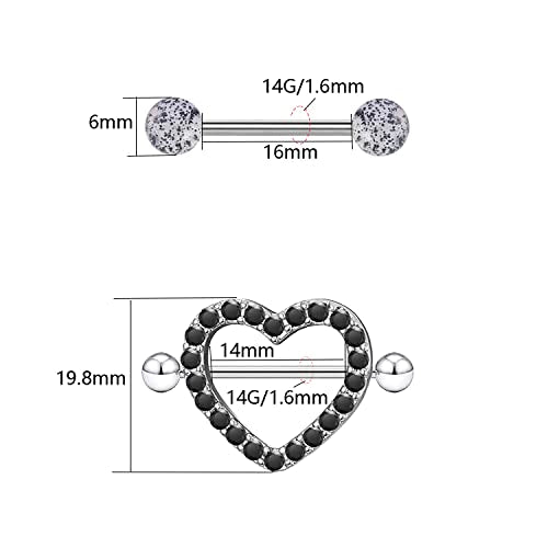 VERAMI 14G Stainless Steel Heart Nipple Rings and Barbell - Butterfly, Starlight Acrylic Ball, Tongue Rings for Women and Men - color: BLACK-CZ