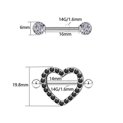 VERAMI 14G Stainless Steel Heart Nipple Rings and Barbell - Butterfly, Starlight Acrylic Ball, Tongue Rings for Women and Men - color: BLACK-CZ