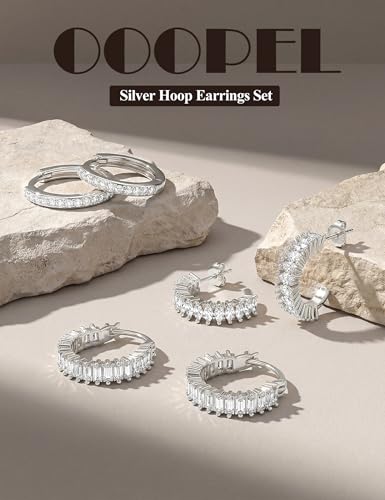 Small Gold Earring Stack Trendy 925 Sterling Silver Earrings for Women Hypoallergenic 14K Gold Plated Cubic Zirconia Stud Hoop Non Tarnish Huggie Hoop Earrings Set for Multiple Piercing Jewelry Gift - style: Silver: 3 Pairs of CZ Hoops
