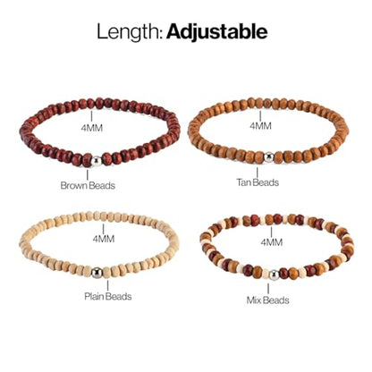 Avoirr Set of 4 Natural Wood Beaded Bracelets for Men & Women – 4mm Handmade Stretchable Wooden Beads in Natural, Tan & Maroon – Unisex Fits (7–7.5 inch)