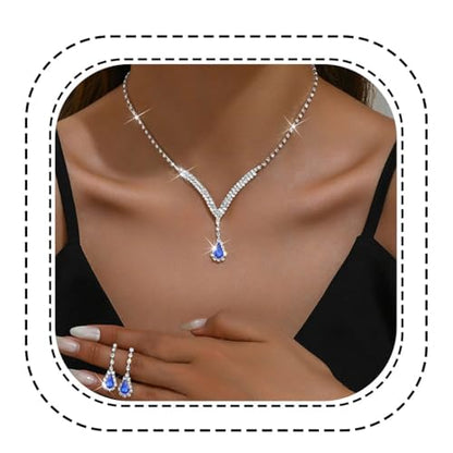 Bridal Wedding Jewelry Set Silver Rhinestone Necklace Earrings Sets Formal Costume Jewelry for Women and Brides - color: A-Blue
