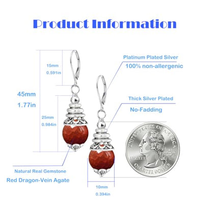 Natural 10mm Stone Beads Drop Earrings,Retro Silver Round Quartz Crystal Gemstone Beads Dangle Earrings for Women - color: A20_Red Dragon-Vein Agate
