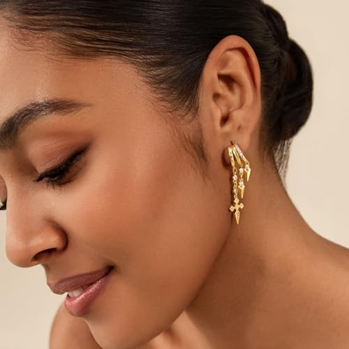 Cicy Bell Gold Earrings For Women 18k Gold Plated Triple Dangle Earrings | Hypoallergenic Drop Huggie Earrings Small Hoop Statement Chain Tassel Earrings Trendy Jewelry Gifts - color: Style B-Gold