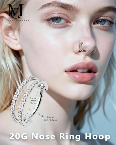 Nose Ring Hoop, 316L Stainless Steel Double Nose Rings, 20G Nose Piercing Jewelry for Women, Clear CZ Helix Cartilage Septum Nose Hoops - color: Silver-7mm
