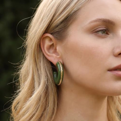 Gold Plated Resin Chunky Hoop Earrings Hypoallergenic Push Back Hoops for Sensitive Ears - color: Olive Green