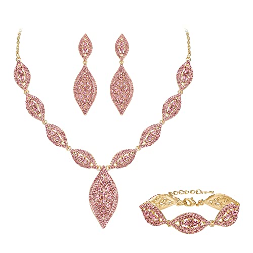 Flyonce Wedding Jewelry Set Rhinestone Crystal Bridal Leaf Necklace Drop Dangle Chandelier Earrings Sets for Women - color: Light Pink Gold-Tone