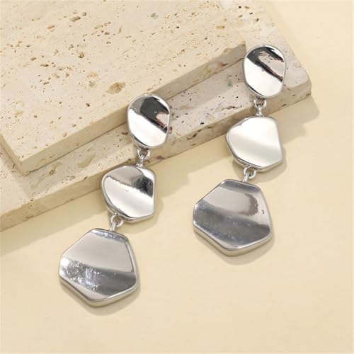 Dainty Alloy Retro Smooth Geometric Circular Lightweight Dangle Drop Earrings Gold-plated Irregular Stud Earrings for Women - style: Sliver