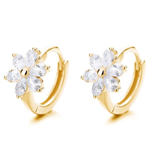 Flower Hoop Huggie Earrings for Women Small Crystal Cubic Zirconia Flower Hoops Earrings Cartilage Earrings Trendy Kawaii Cute Little Hoop Earrings Wedding Statement Gift Jewelry - color: Gold