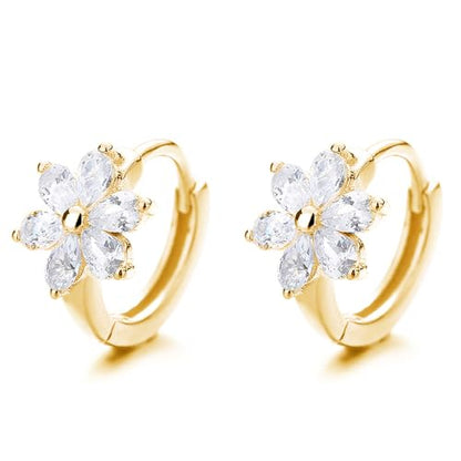 Flower Hoop Huggie Earrings for Women Small Crystal Cubic Zirconia Flower Hoops Earrings Cartilage Earrings Trendy Kawaii Cute Little Hoop Earrings Wedding Statement Gift Jewelry - color: Gold