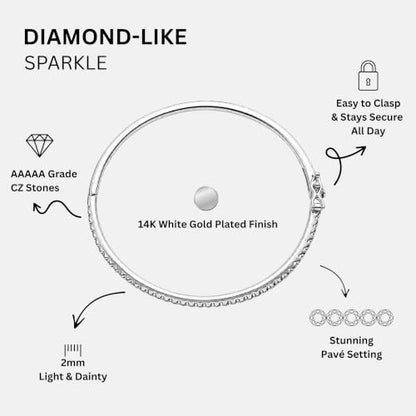 KISPER Bangle Bracelet for Women 2mm Dainty Plated CZ | 5A pave cubic zirconia simulated diamonds, 6.5-7.5 inches, box latch clasp, tarnish resistant, waterproof - color: 14k White Gold Plated