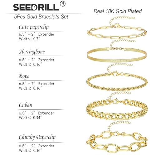 SEEDRILL Bracelets for Women Trendy Waterproof 316 Stainless Steel 18K Real Gold Plated Jewelry Sets Chunky Stackable Cuban Link Paperclip Herringbone Rope Chain Bracelet Pack Gifts Silvery/Gold-Tone - color: Gold-Tone