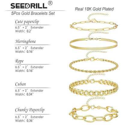 SEEDRILL Bracelets for Women Trendy Waterproof 316 Stainless Steel 18K Real Gold Plated Jewelry Sets Chunky Stackable Cuban Link Paperclip Herringbone Rope Chain Bracelet Pack Gifts Silvery/Gold-Tone - color: Gold-Tone