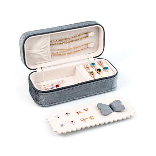 BONNY DODO Small Travel Jewelry Box Organizer for Women with Plush Velvet | Gray Portable Mini Jewelry Case Compact Storage Holder for Earrings Rings Necklaces Bracelets, Small Travel Gift Box - color: Gray, size: 6.2*2.6
