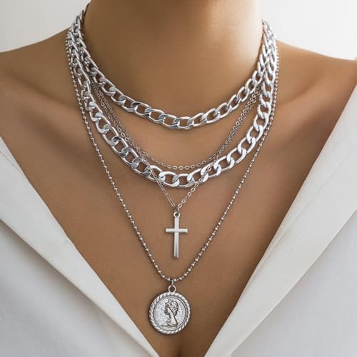 Todenb Layered Gold Pirate Necklace for Women Chunky Chain Pirate Jewelry 80s 90s Coin Pendant Necklace Pirate Costume Accessories - color: Cross S