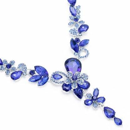 Rhinestone Crystal Bridal Necklace Floarl Art Deco Teardrop Collar Necklace Dangle Earrings Jewelry Set for Women - color: Royal Blue