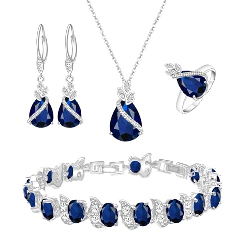 LMXXVJ Jewelry Set for Women,Teardrop Cubic Zirconia Necklace Earrings Adjustable Ring Bracelet Jewelry Set Formal Jewelry Gift - color: SYSD-White Gold-Blue