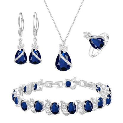 LMXXVJ Jewelry Set for Women,Teardrop Cubic Zirconia Necklace Earrings Adjustable Ring Bracelet Jewelry Set Formal Jewelry Gift - color: SYSD-White Gold-Blue