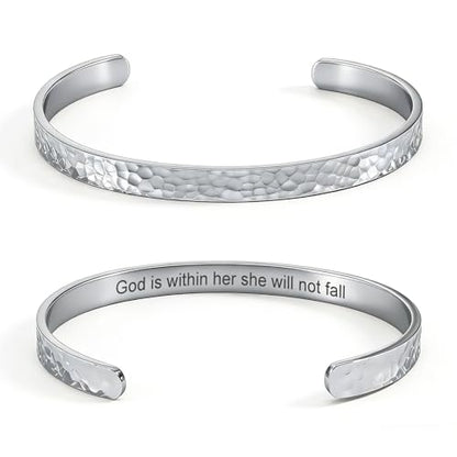 Inspirational Bible Verse Cuff Bracelet for Women, 18K Gold Plated Hammered Bangle, Christian Faith Jewelry Gift, Adjustable Non Tarnish - color: God is within her she will not fall-Silver