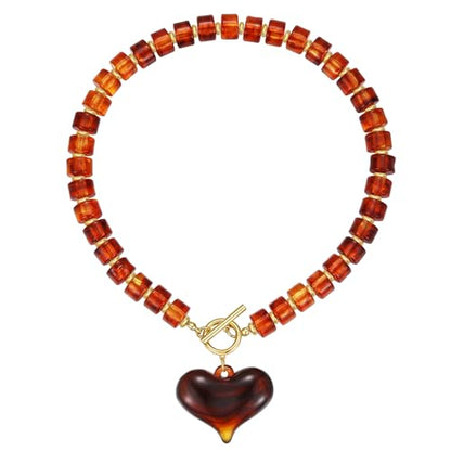 Chunky Heart Necklaces for Women Colorful Resin Beaded Necklaces for Women Gold Puffy Heart Statement Necklace Trendy Acrylic Choker Jewelry Gift - color: Amber