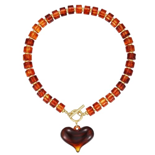 Chunky Heart Necklaces for Women Colorful Resin Beaded Necklaces for Women Gold Puffy Heart Statement Necklace Trendy Acrylic Choker Jewelry Gift - color: Amber